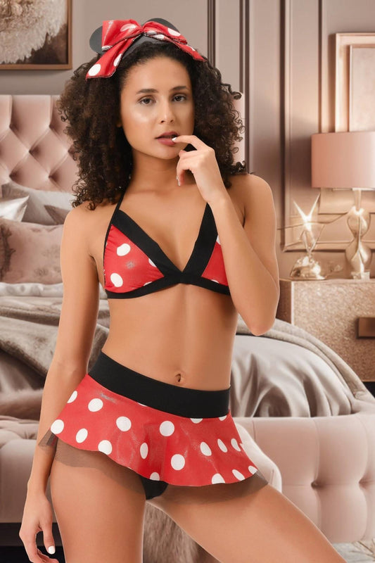 Σετ 3 τεμαχίων σέξι εσώρουχα "Minnie mouse" με σουτιέν, κοντή φούστα και κορδέλα A848-3