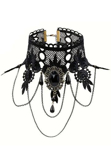 Κολιέ τσόκερ "Gothic Style" από δαντέλα, διακοσμημένο με καρφίτσα και αλυσίδες AC245-1