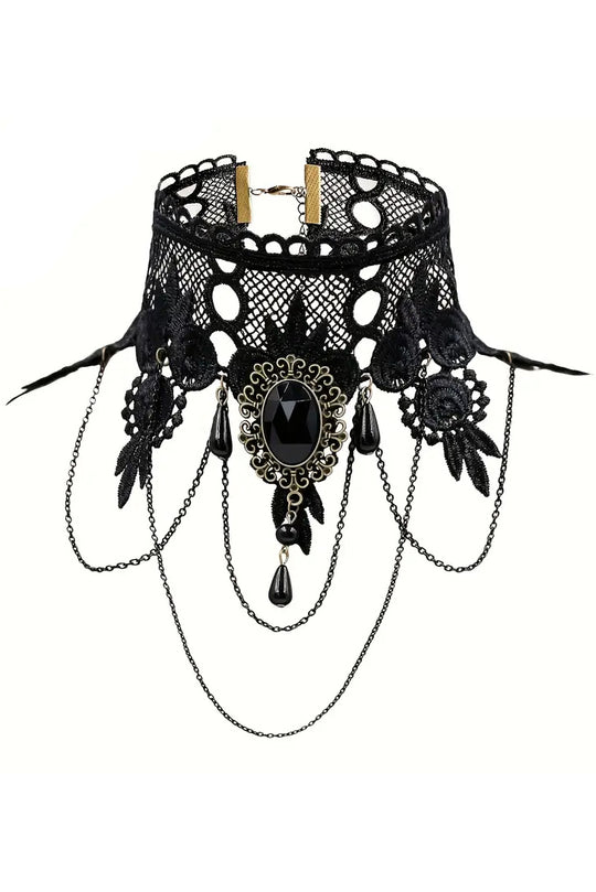 Κολιέ τσόκερ "Gothic Style" από δαντέλα, διακοσμημένο με καρφίτσα και αλυσίδες AC245-1