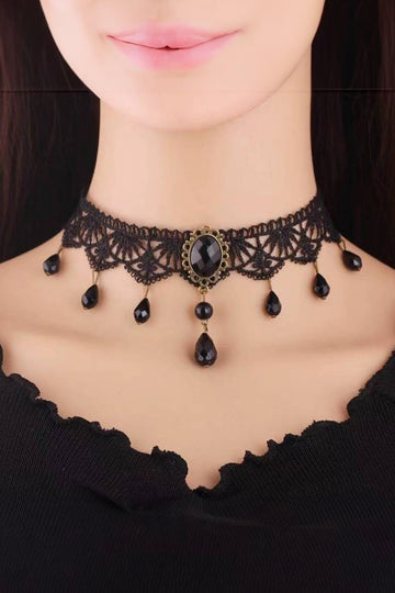 AC296-1 Αξεσουάρ λαιμού τύπου τσόκερ "Gothic Style" από κέντημα διακοσμημένο με καρφίτσα, χάντρες και αλυσίδες