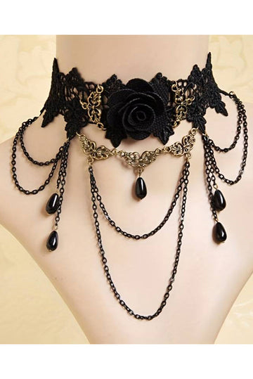 Κολιέ τσόκερ "Gothic Style" από δαντέλα, διακοσμημένο με τρισδιάστατο τριαντάφυλλο, αλυσίδες και συνθετικές χάντρες AC315-1