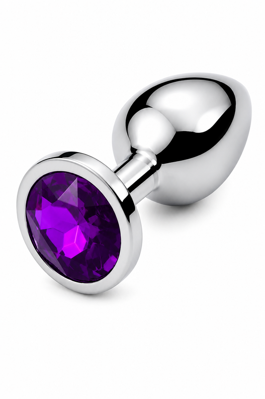 Dop anal metalic argintiu cu cristal mov, disponibil în 3 mărimi S/M/L, TOY398-10