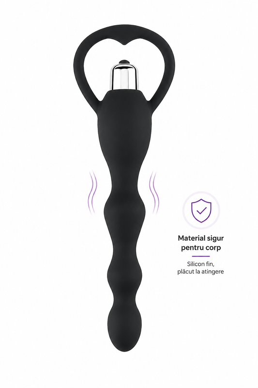 Vibrator anal cu bile, vibrații și mâner în formă de inimă, 18,5 cm, Negru, TOY409-1