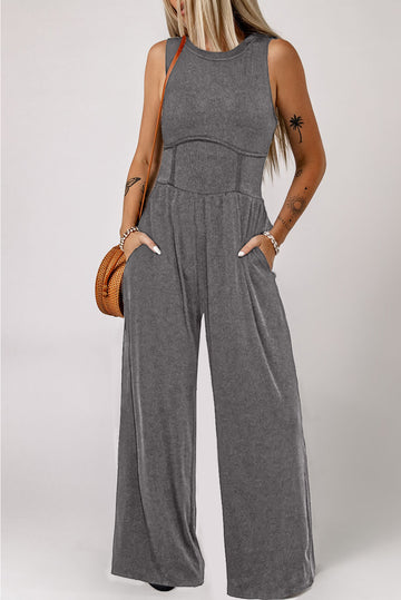 Ελαστική ριγέ ολόσωμη φόρμα casual chic με φαρδιά γραμμή, γκρι D843-18
