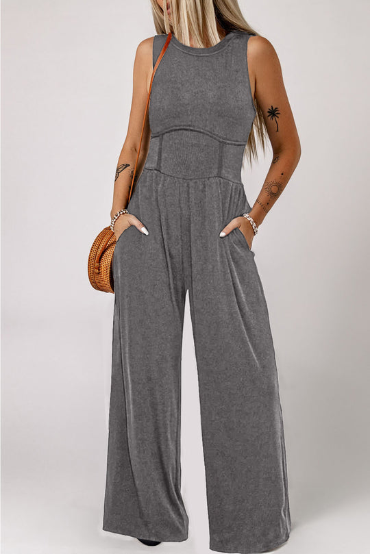 Ελαστική ριγέ ολόσωμη φόρμα casual chic με φαρδιά γραμμή, γκρι D843-18