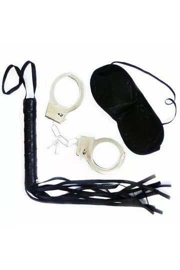 Σετ Fetish BDSM 3 Τεμαχίων, Μεταλλικές Χειροπέδες, Μαστίγιο με Κρόσσια και Μάσκα Ματιών, Μαύρο, G33A-1