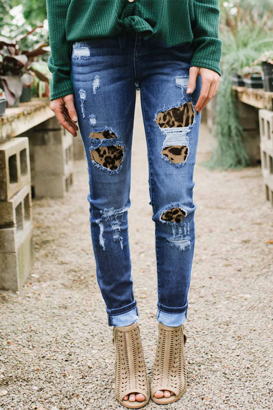 Τζιν με διακοσμητικά σκισίματα και animal print ένθετο G735-444