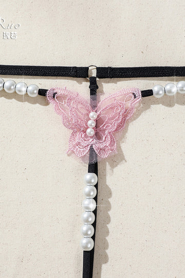 Καλσόν string kinky με δαντελένια πεταλούδα και διακοσμητικές χάντρες, ροζ, GS1292-151