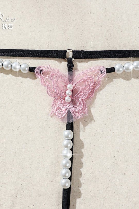 Καλσόν string kinky με δαντελένια πεταλούδα και διακοσμητικές χάντρες, ροζ, GS1292-151