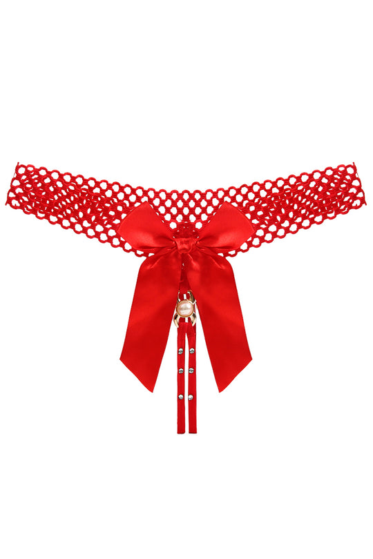 Kinky στρινγκ σλιπ με υπερμεγέθη σατέν φιόγκο και στρας, Κόκκινο, GS1304-3