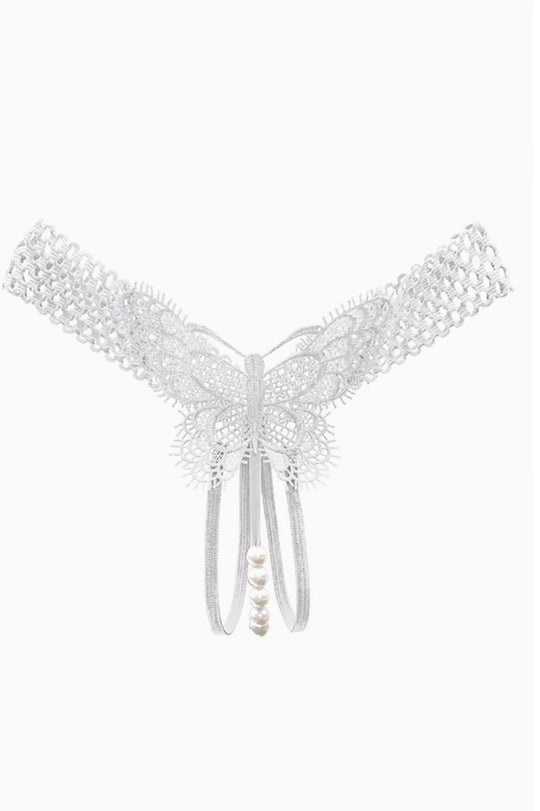 Σλιπ στρινγκ τάνγκα με πέρλες και δαντέλα πεταλούδα – σέξι εσώρουχο, Λευκό, GS1313-2