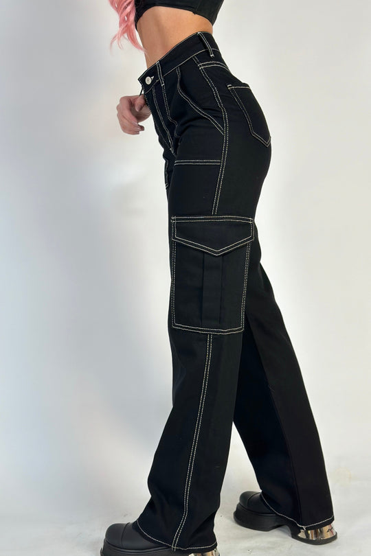 Casual ψηλόμεσο τζιν από μαύρο denim, φαρδιά ίσια γραμμή H763-1