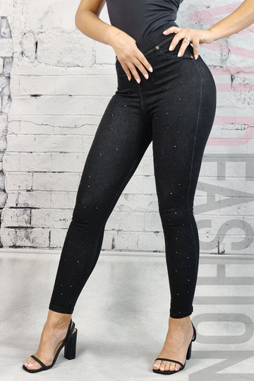 Blugi tip colanti din denim elastic cu strasuri negre L889RR-1