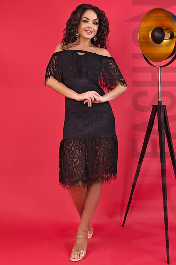 Μίντι δαντελένιο φόρεμα με ντεκολτέ Bardot N783RR-1