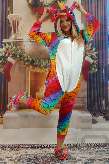 Set pijama kigurumi unicorn multicolor si papuci de casa pufosi PJS207-319
