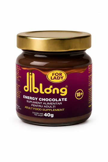 Borcan Diblong Energy Chocolate for Lady de 40 g, sigilat cu capac auriu, prezentat frontal pe fundal alb, cu eticheta produsului vizibilă.
