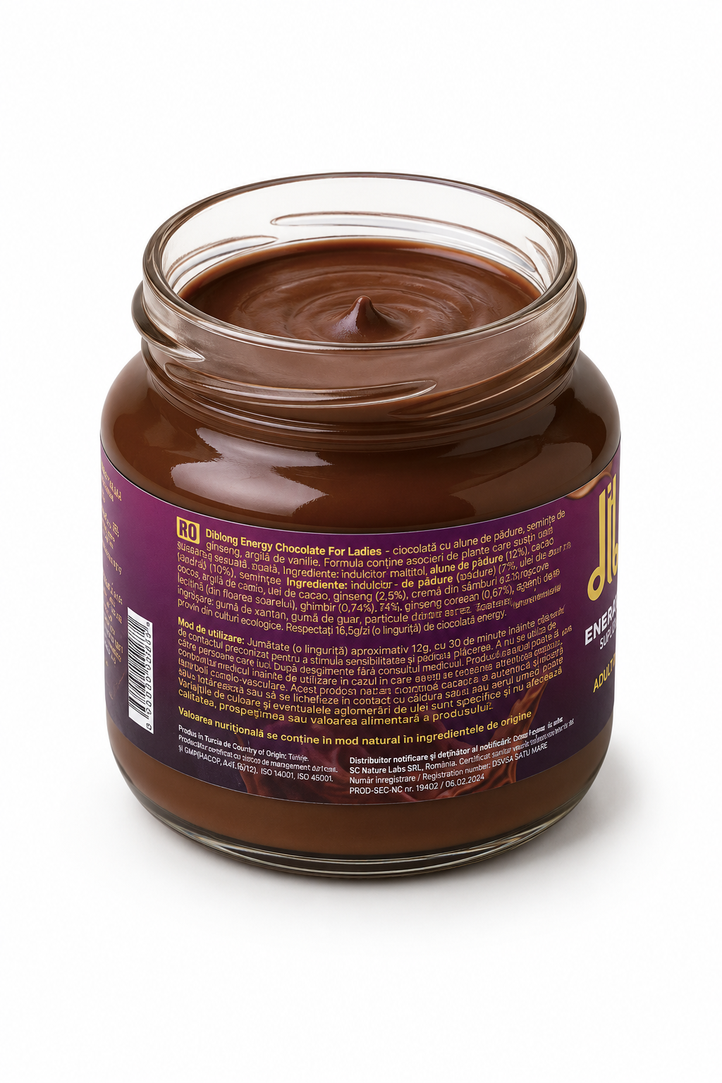 Borcan deschis Diblong Energy Chocolate for Lady, prezentat pe fundal alb, cu textura fină și cremoasă a ciocolatei vizibilă în interior.
