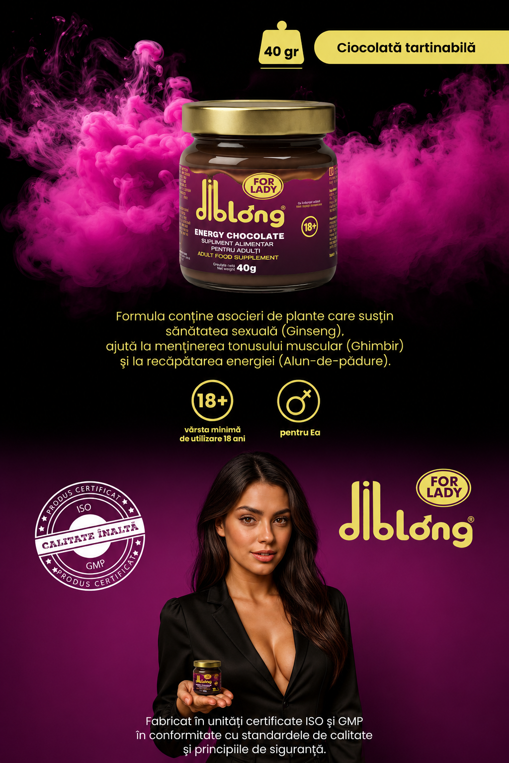 Infografic Diblong Energy Chocolate for Lady de 40 g, cu ginseng siberian, ghimbir, recomandare pentru adulți și informații despre certificare.