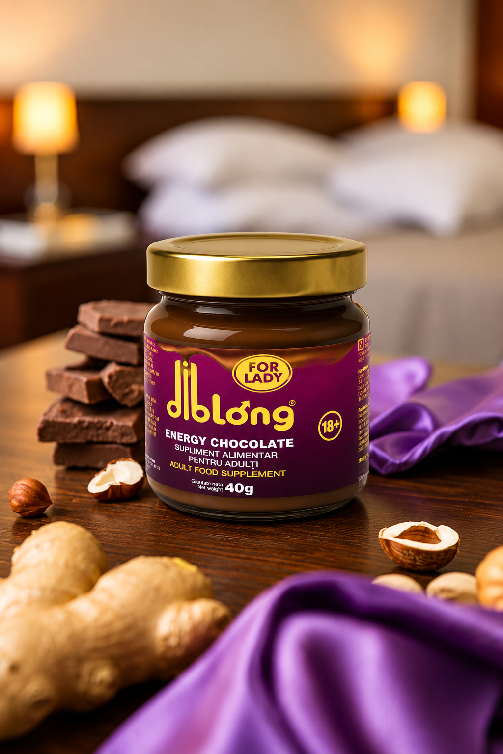 Borcan Diblong Energy Chocolate for Lady de 40 g prezentat într-un decor elegant, alături de bucăți de ciocolată, alune și ghimbir.