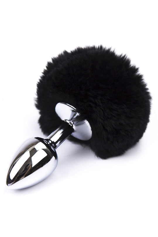 Μεταλλικό ανοξείδωτο butt plug, με ουρά λαγουδιού, Μαύρο TOY400-1