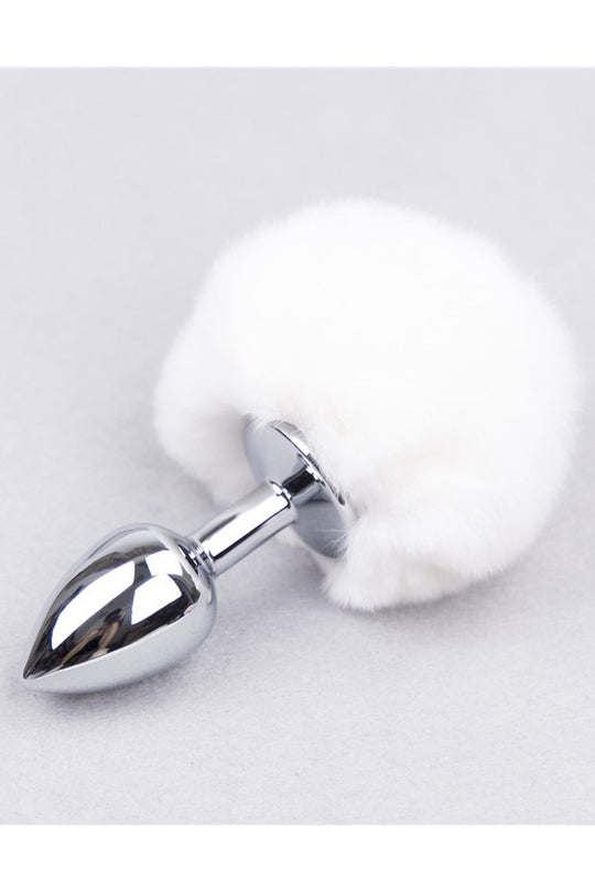 Μεταλλικό ανοξείδωτο butt plug, με ουρά λαγουδιού, λευκό TOY400-2