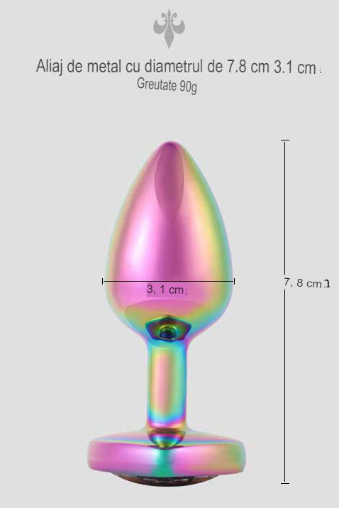 Ανοξείδωτο μεταλλικό βύσμα πρωκτού (Butt Plug) γυαλιστερό, πολύχρωμο με διακοσμητική μωβ πέτρα TOY405-100