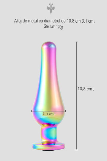 Dop anal (Butt Plug) din metal inoxidabil lucios, multicolor cu piatra decorativa aurie, TOY405B-100