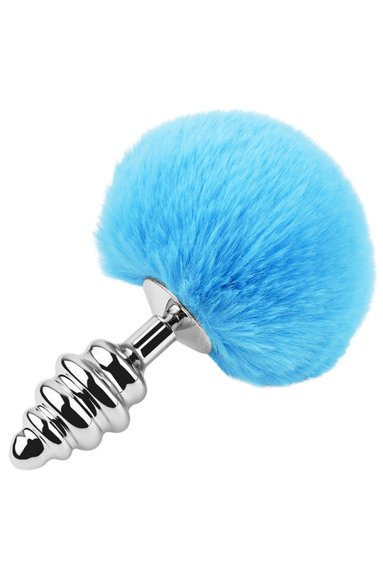 Ανοξείδωτο μεταλλικό Vibrator-Βουλωμα (Butt Plug) με αυλακώσεις και χνουδωτή ουρά λαγουδιού, SkyBlue TOY416-48