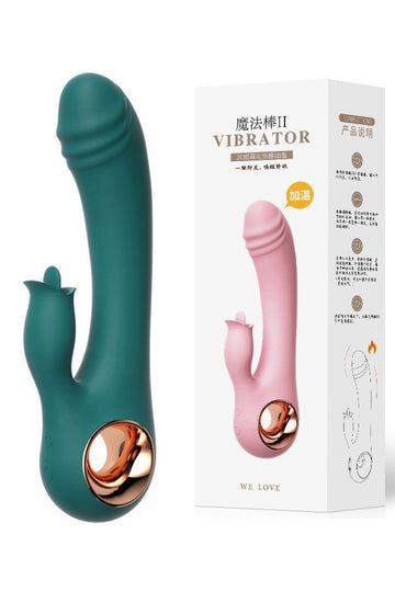 Δονητής Κουνελάκι "Warm Touch" Διπλός: Έξυπνη Θέρμανση, Διέγερση Κλειτορίδας και Σημείου G, Σιλικόνη, Πράσινο, TOY472-12