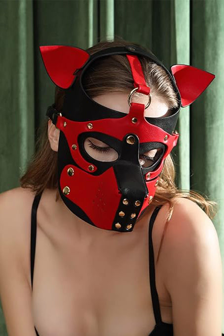 Μάσκα BDSM Dominatrix σκύλος, από οικολογικό δέρμα, Κόκκινο και Μαύρο, TOY503-3