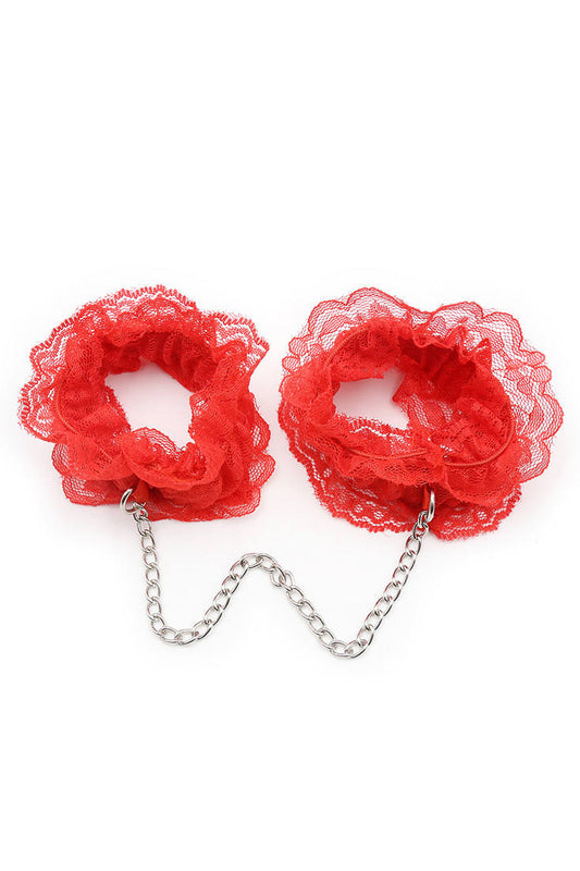 Lace Passion – Set Cătușe Fetiș din Dantelă Roșie cu Lanț Metalic, Rosu,  TOY625-3