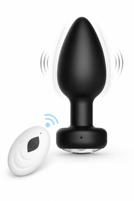 Dildo anal vibrator negru cu bază lată și telecomandă wireless albă, prezentat cu efect de vibrație