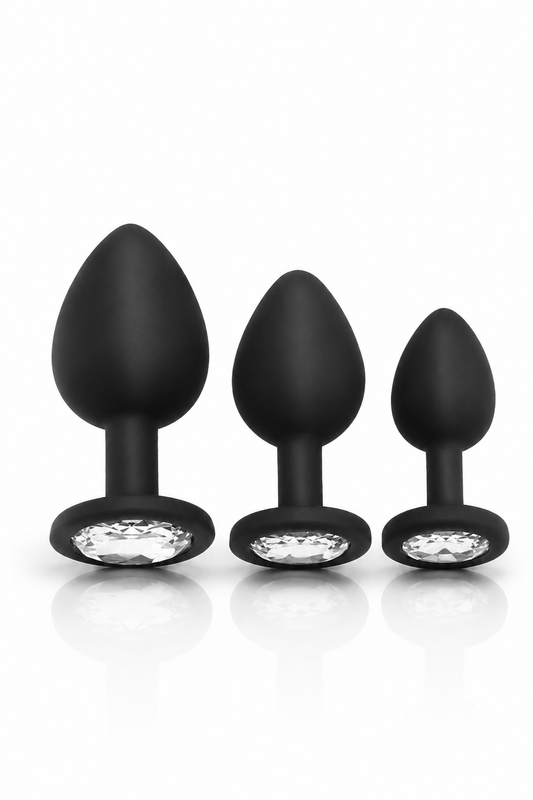 Crystal Comfort Set – Set 3 Dopuri Anale din Silicon cu Cristal Decorativ, 3 Mărimi (S, M, L), Negre, TOY639-1
