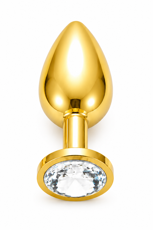 💎 Dop anal metalic auriu cu cristal decorativ transparent, finisaj lucios premium și bază de siguranță.