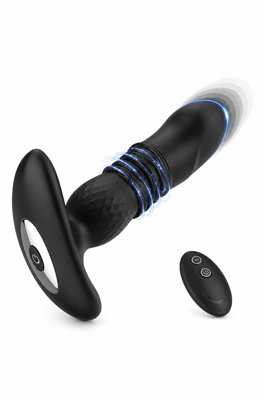 🔘 Vibrator anal telescopic cu telecomandă wireless, prezentat pe fundal alb, cu bază lată și design ergonomic.
