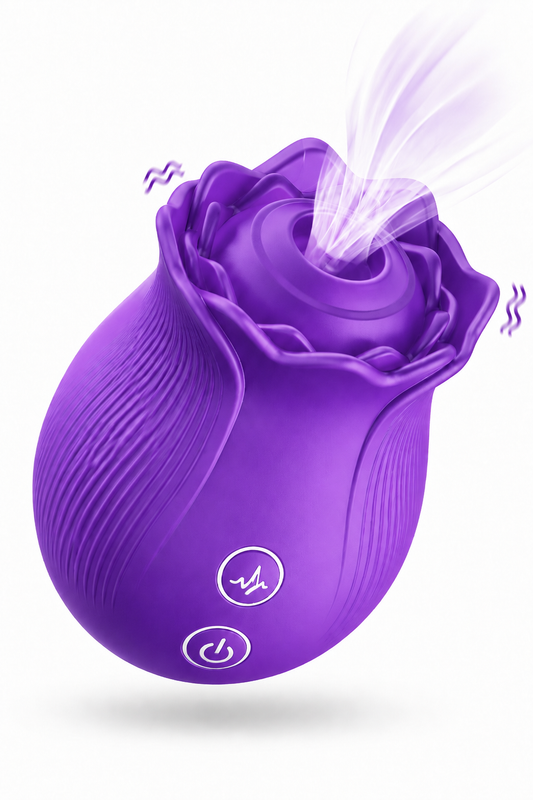 Stimulator RosePulse Duo mov în formă de trandafir, prezentat pe fundal alb, cu efect vizual de sucțiune și vibrație în jurul produsului.
