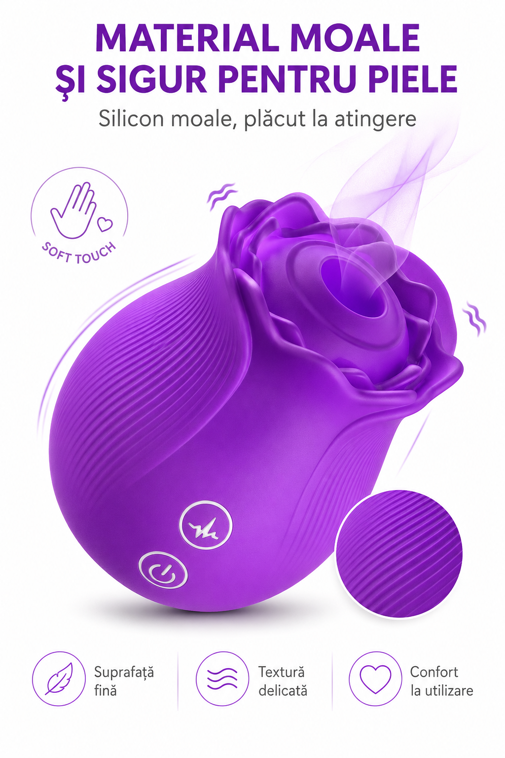 Prim-plan RosePulse Duo mov cu suprafață striată și silicon moale, evidențiind textura delicată, finisajul fin și confortul la utilizare.