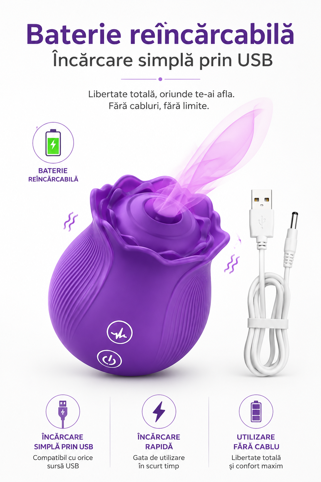 RosePulse Duo mov alături de cablul USB cu mufă jack, prezentat ca produs reîncărcabil, cu utilizare fără cablu și încărcare rapidă.