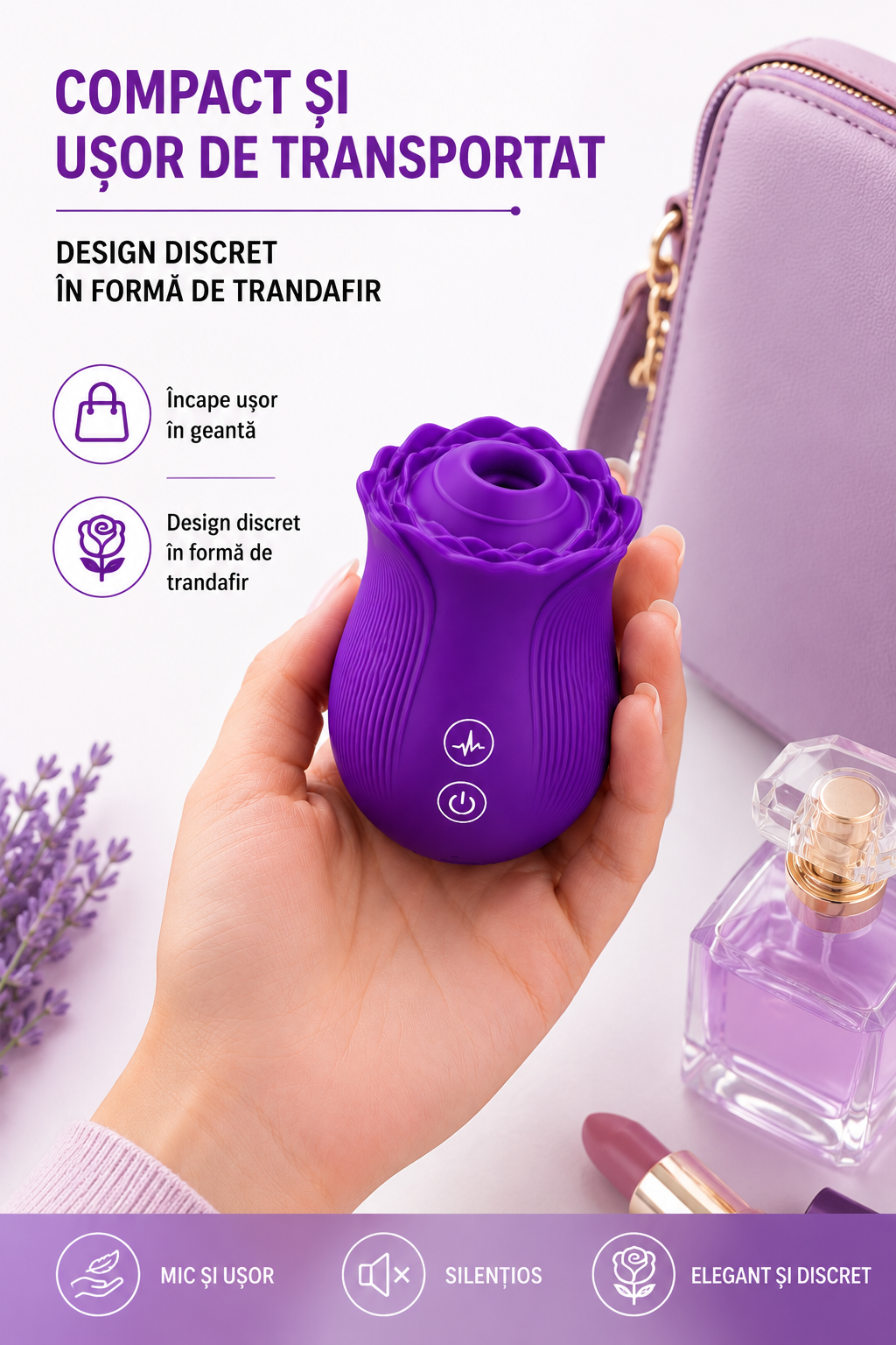 RosePulse Duo mov ținut în palmă lângă o geantă, ilustrând dimensiunea compactă, designul discret și transportul ușor.