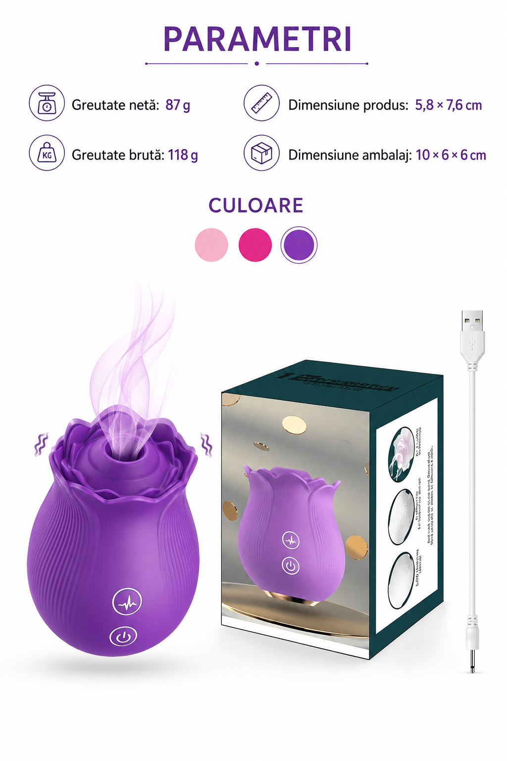 RosePulse Duo mov alături de ambalaj și cablul USB, cu greutatea de 87 g, dimensiunile de 5,8 × 7,6 cm și variantele de culoare.
