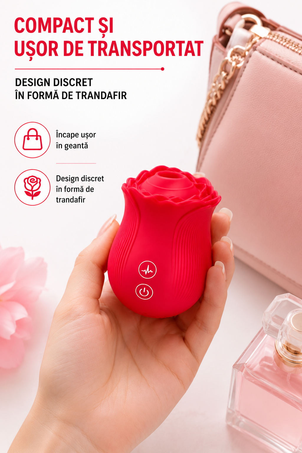 Stimulator compact în formă de trandafir, ușor de transportat și depozitat