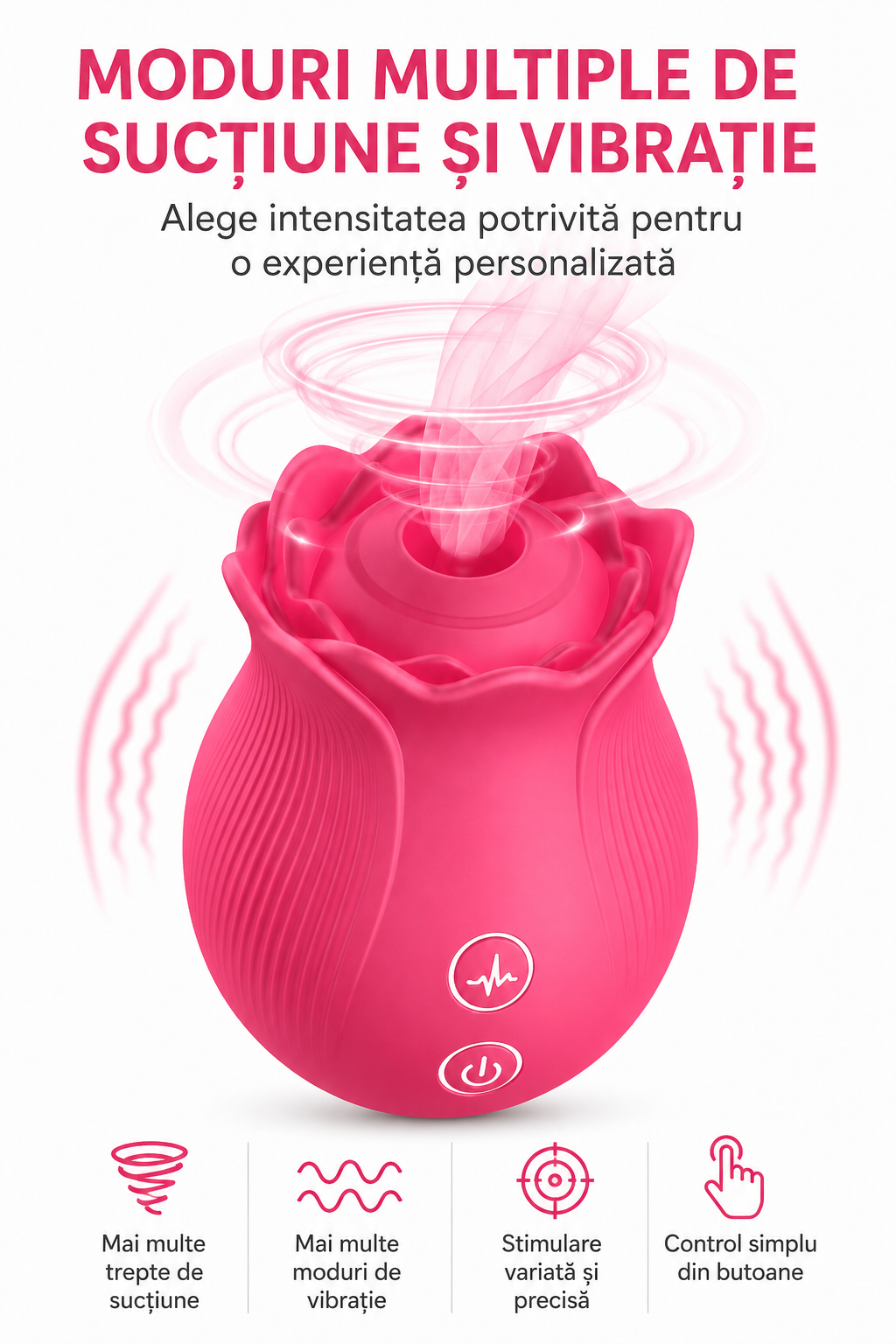 Stimulator în formă de trandafir cu moduri multiple de sucțiune și vibrații ilustrate grafic