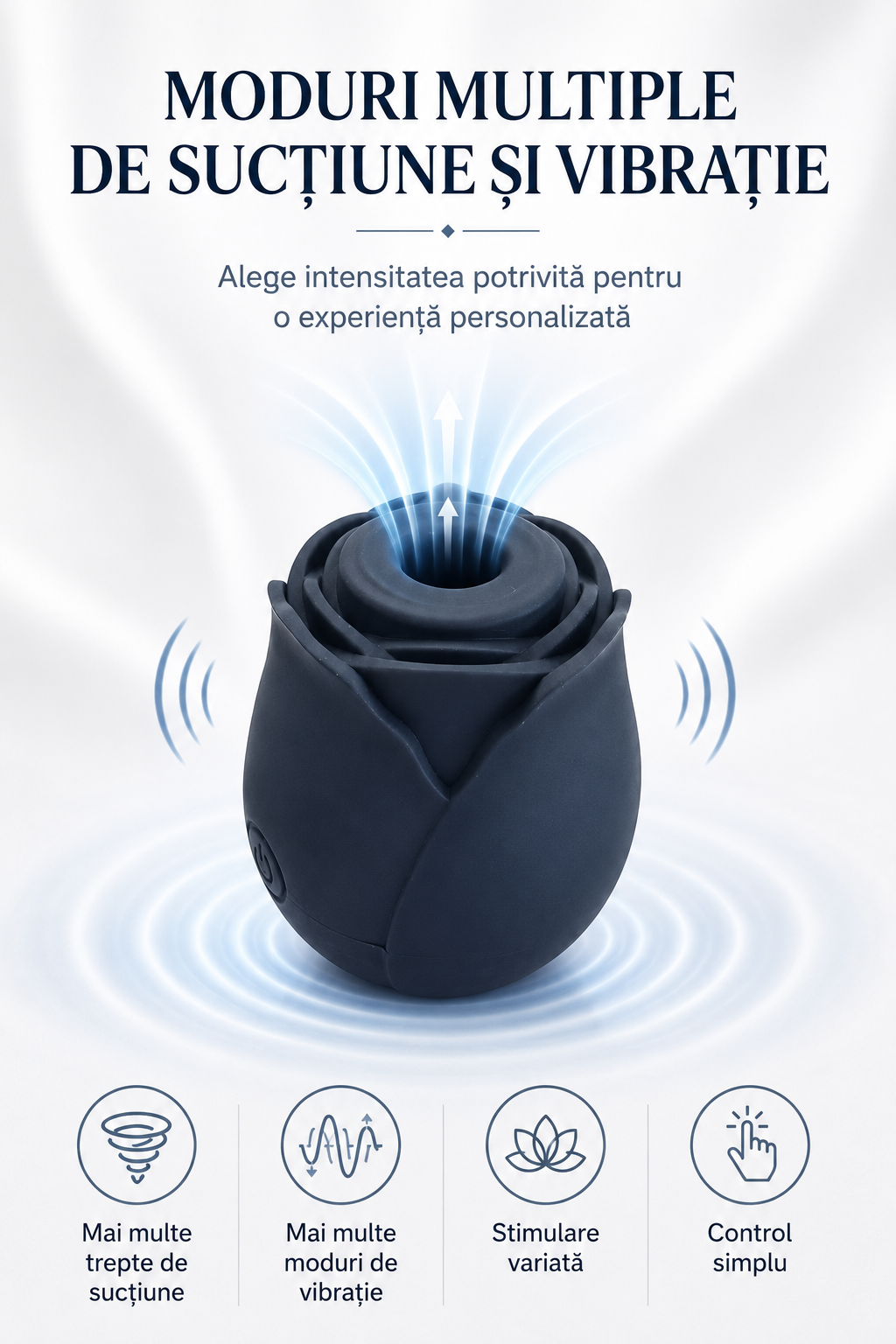 RosePulse Mini ilustrând modurile multiple de sucțiune și vibrație pentru o experiență personalizată.
