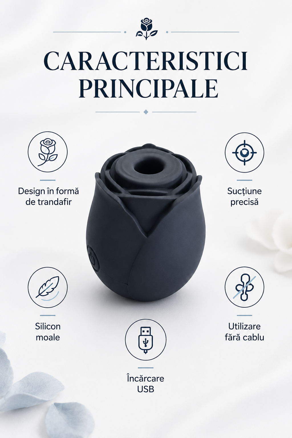 RosePulse Mini cu pictograme ce evidențiază designul în formă de trandafir, funcția de sucțiune, încărcarea USB și utilizarea fără cablu.