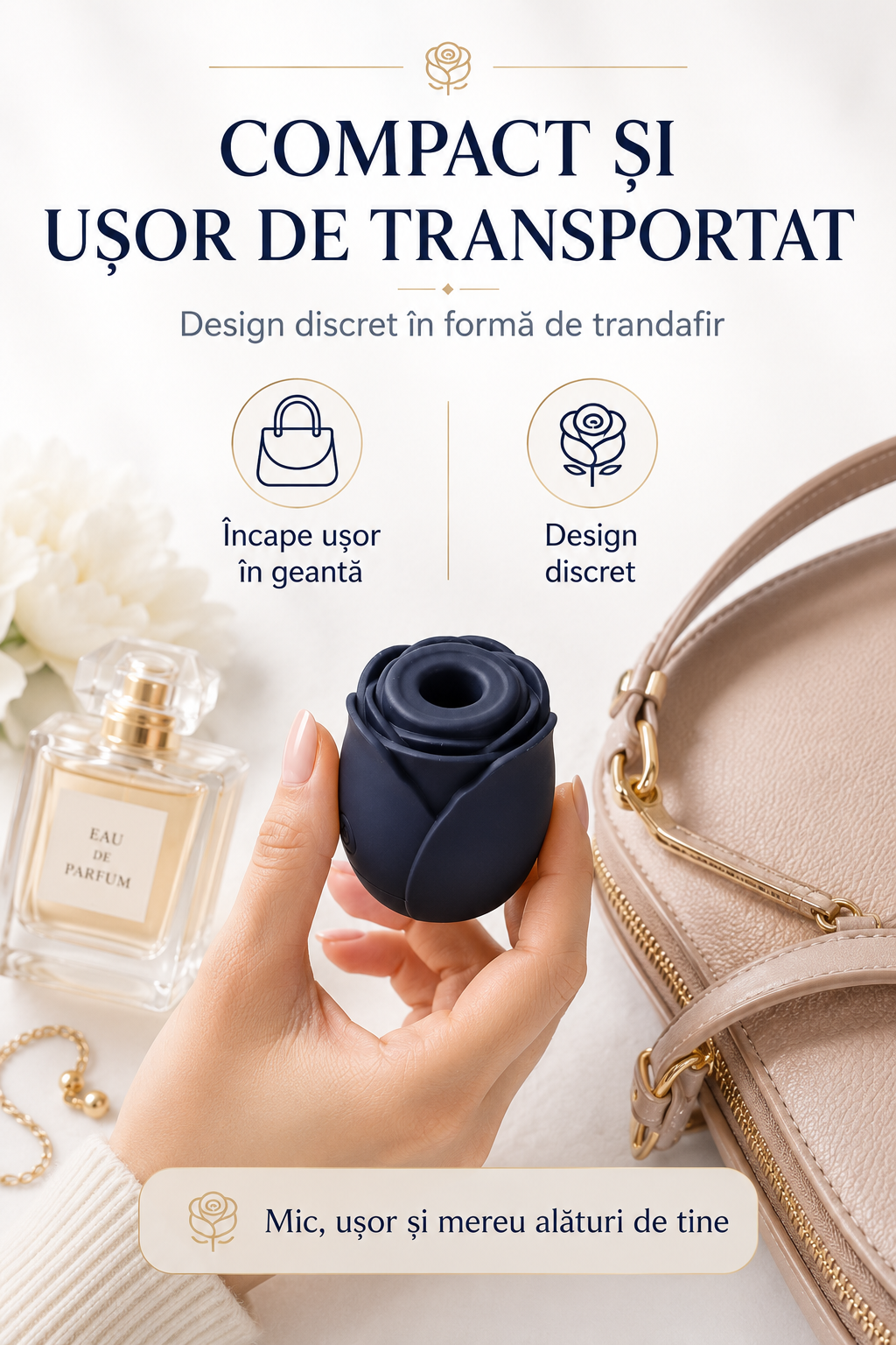 RosePulse Mini prezentat în palmă pentru a evidenția dimensiunea compactă și transportul discret.