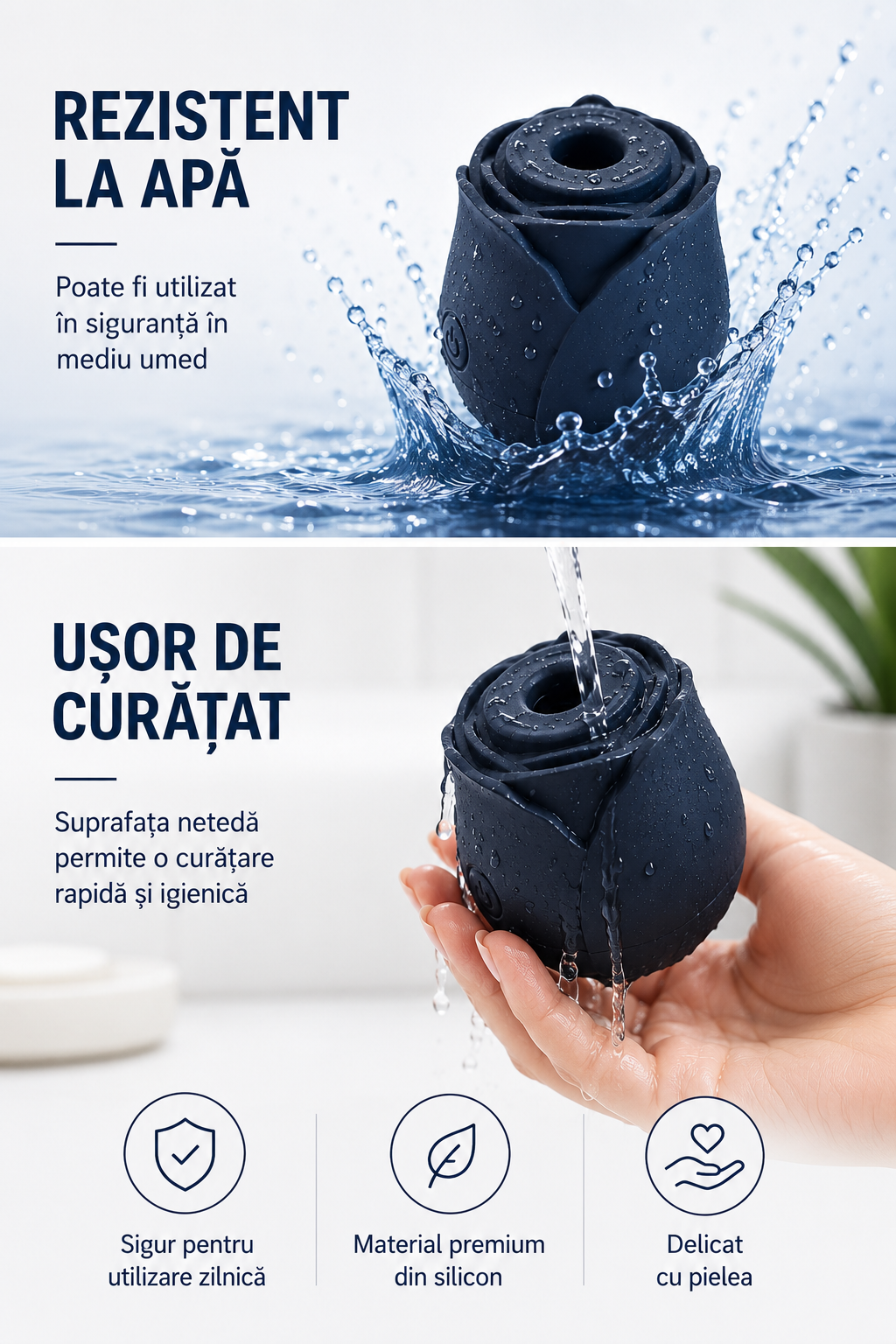 RosePulse Mini rezistent la apă, prezentat în timpul curățării pentru o întreținere rapidă și igienică.