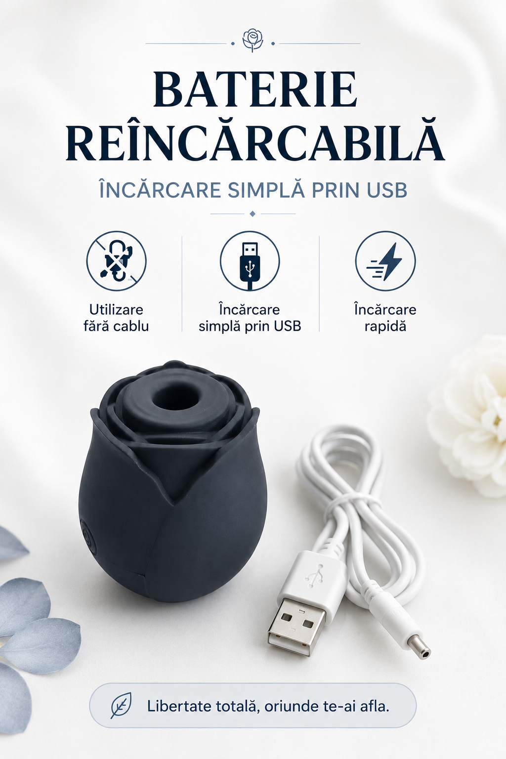 RosePulse Mini împreună cu cablul USB pentru încărcare rapidă și utilizare fără cablu.
