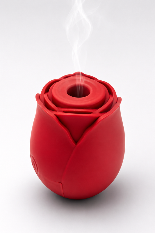 RosePulse Mini roșu în formă de trandafir, stimulator cu sucțiune și vibrații multiple, design elegant și reîncărcare USB pentru utilizare fără cablu.
