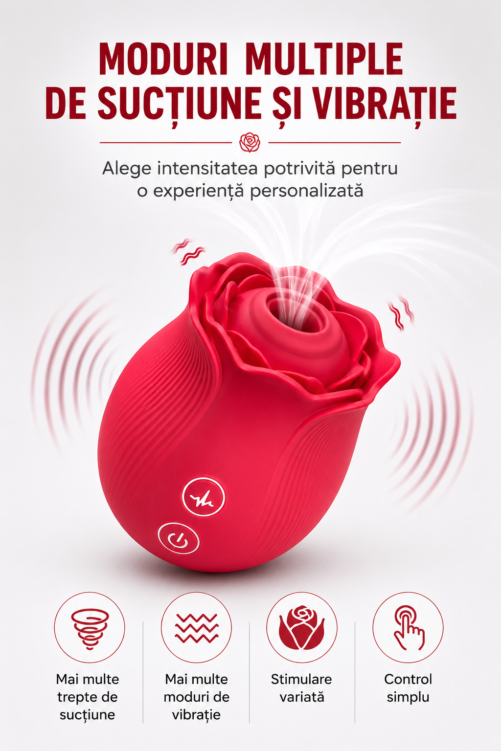 RosePulse Mini cu moduri multiple de sucțiune și vibrații, prezentând funcțiile principale pentru stimulare personalizată și control intuitiv.