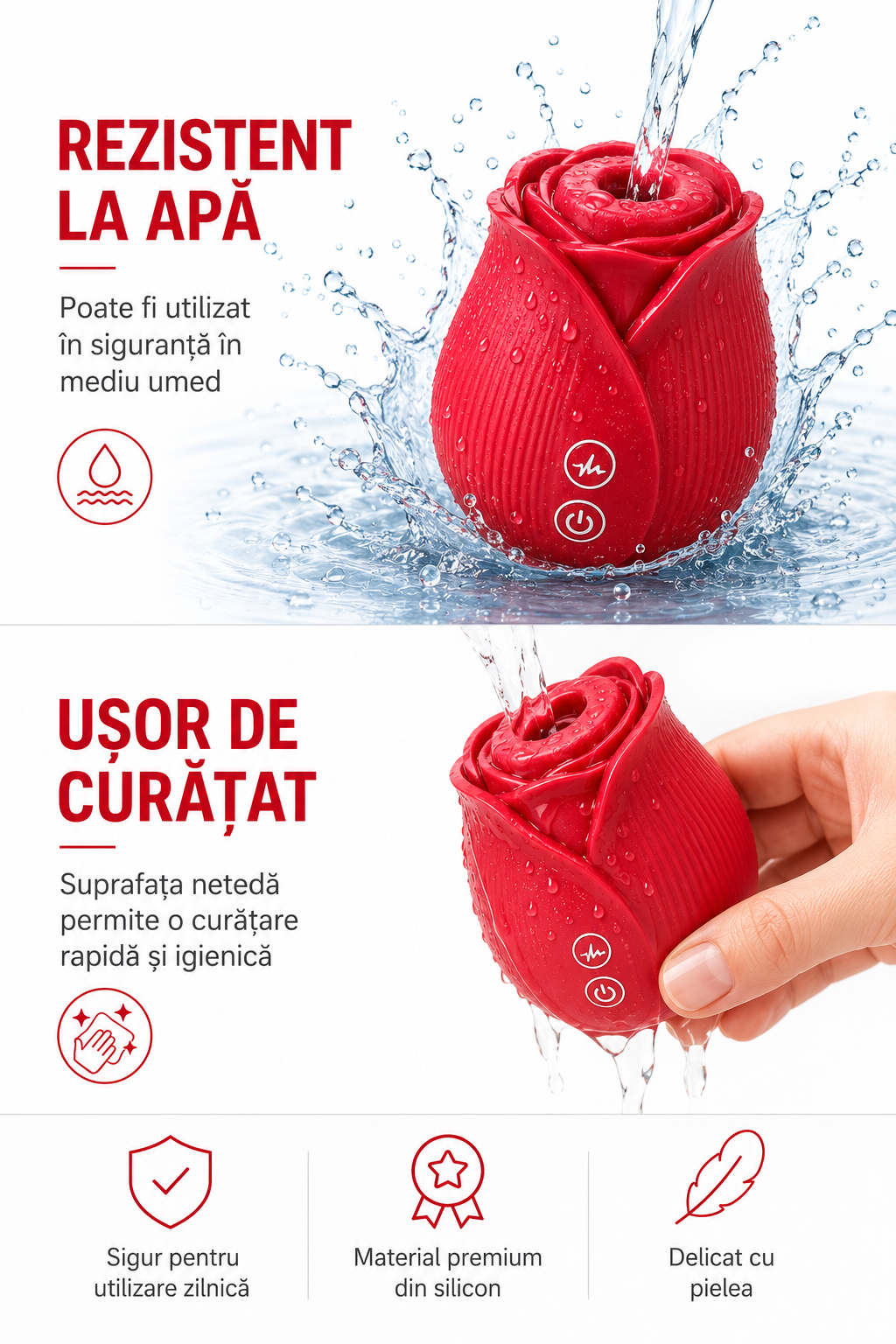 RosePulse Mini rezistent la apă și ușor de curățat, realizat din silicon premium pentru utilizare igienică și întreținere rapidă după folosire.